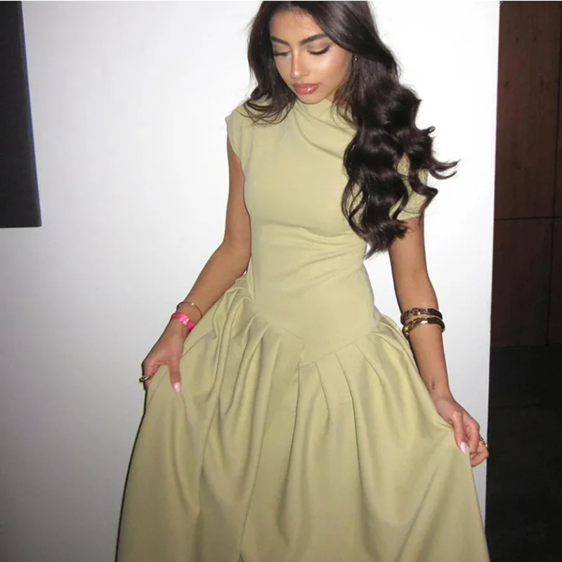 

Женское плиссированное платье, элегантное зеленое платье составного кроя с круглым вырезом и коротким рукавом, уличная одежда, лето 2024