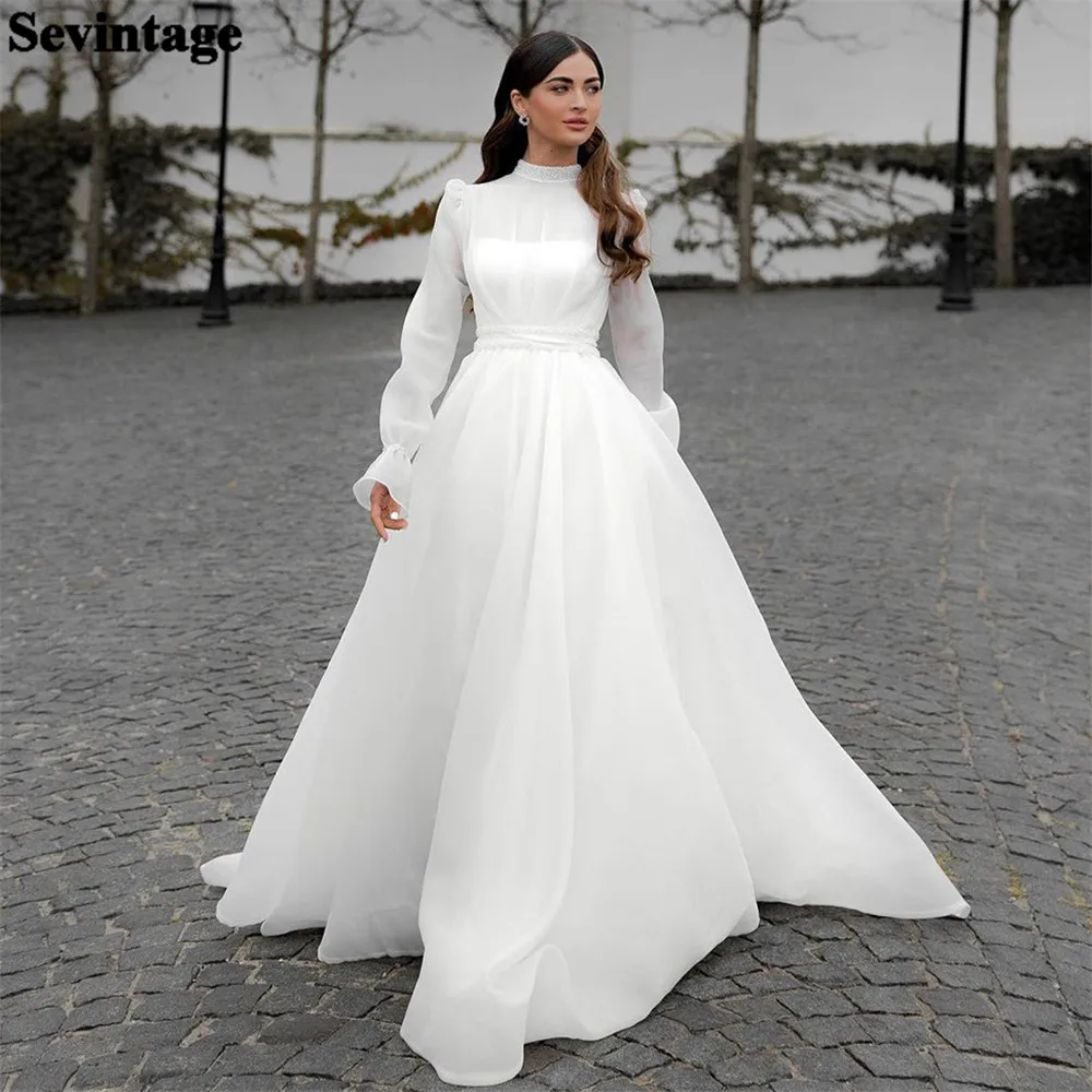 

Sevintage A-Line White O-Neck Muslim Wedding Dresses Tulle Long Sleeves Ruched Floor Length Bride dress Vestidos de novia 2024