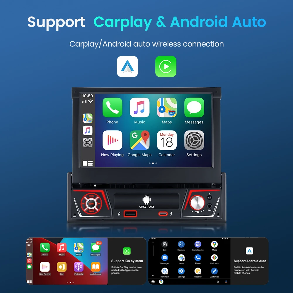 Radio para Auto GEARELEC 1 DIN, Android Carplay Universal, Pantalla Retráctil IPS de 7 Pulgadas, Navegación GPS, Reproductor Multimedia Android 14, Pantalla Carplay 2