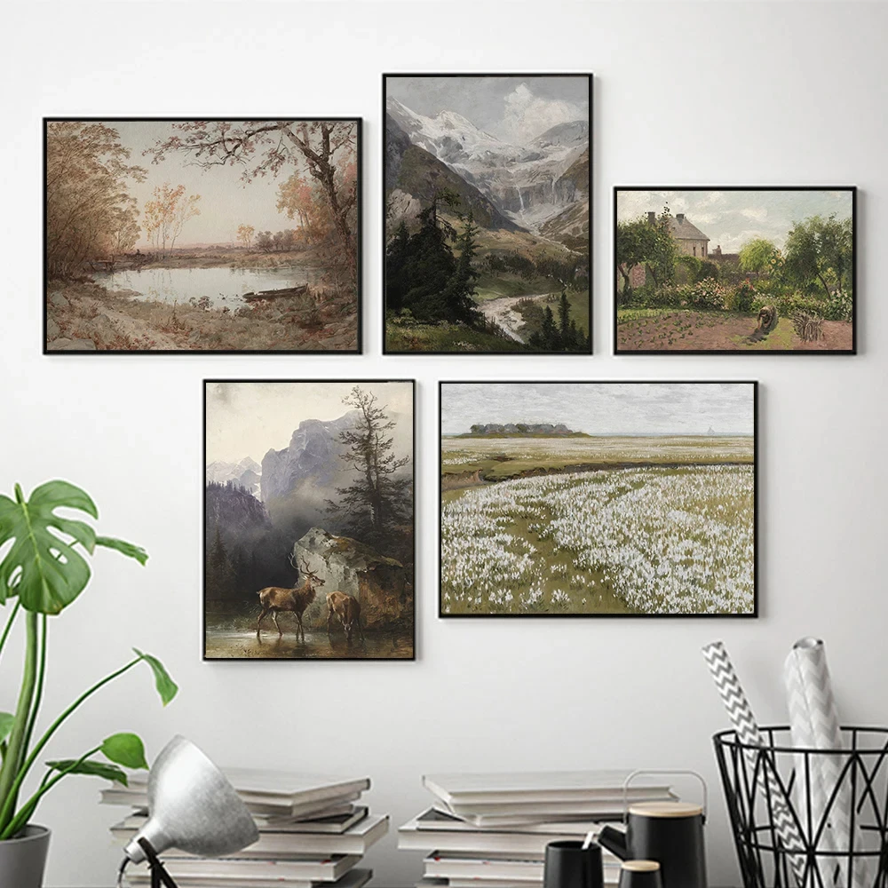 

Nordic Abstract Vintage Elegant Flower Field and Village Print Poster Painting Wall Art Deer Picture for Home Living Room Decor