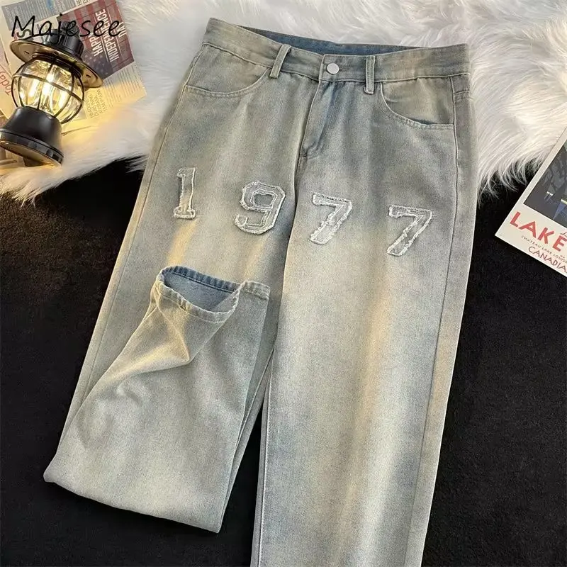 

Jeans Men Embroidery Do Old Fashion High Street Handsome Spring Loose Wide Leg All-match Streetwear Harajuku Leisure Trousers