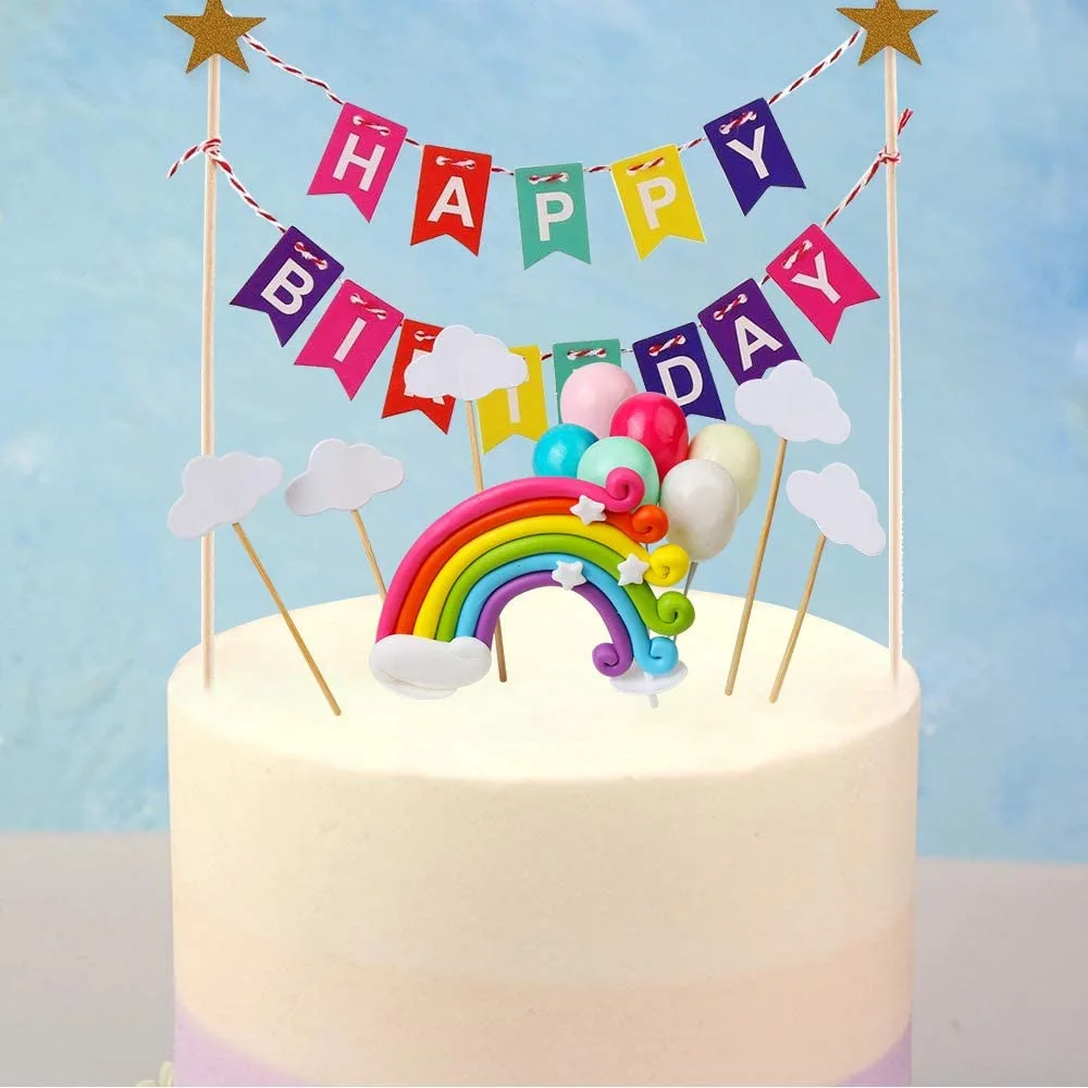Cake Plugin Set,happy Birthday Banner Hat Including Colorful Rainbow Clouds,balloons,stars  Cake Decoration Accessories Tools