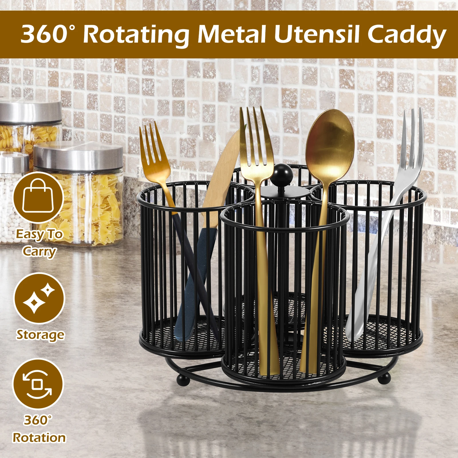 Metal Utensil Caddy 360 Degree Rotating Cutlery Holder 3/4/5 Compartment Flatware Storage Basket Kitchen Camping Countertop