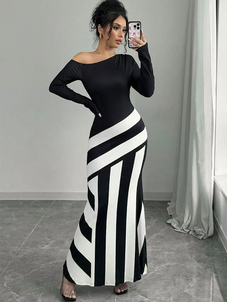 Women Maxi Dresses New Autumn Streetwear Fashion Black White Patchwork Casual S…