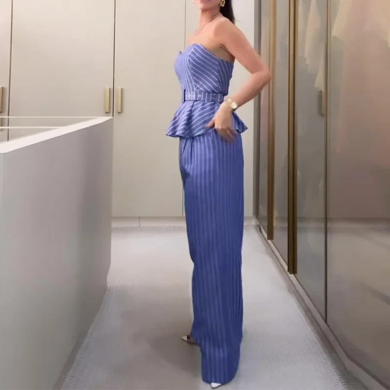 Sleeveless Belt Tank Top Stripe High Waist Wide Leg Pant Sets 2Pc Slim V-neck Vest And Loose Trouser Fashion Office Lady Outfits