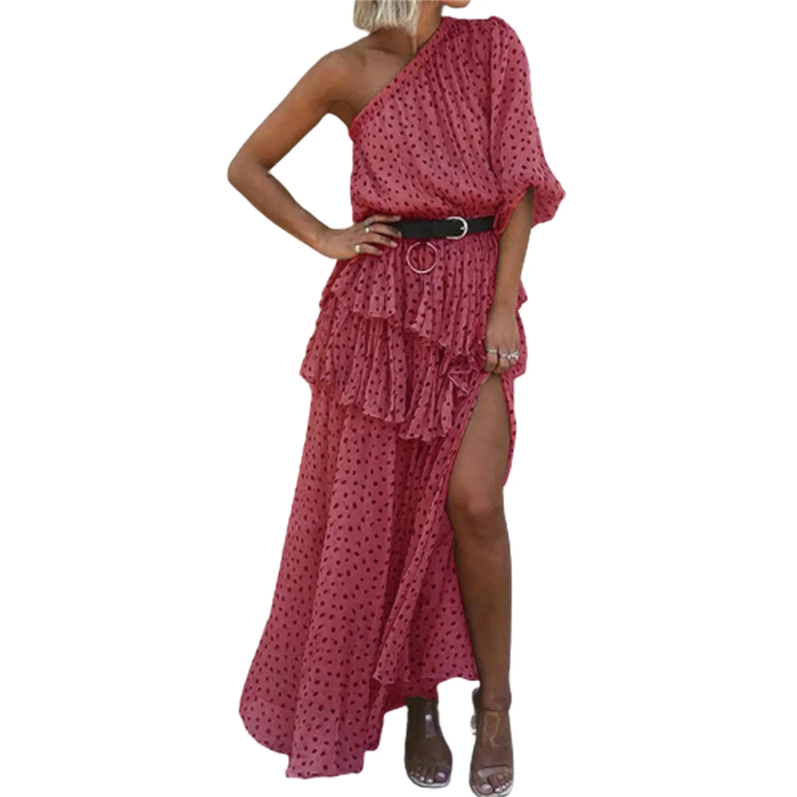 

Women's Summer Sundress Slanted One Shoulder Layered Tiered Swing Dress Lady's Beach High Waist Side Split Printed