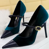 Korean Version Party 10cm 7cm High Heels Women Shoes Thin Heels Velvet Shallow Montage Pointed Toe Metal One-line Buckle Pumps - Image 2