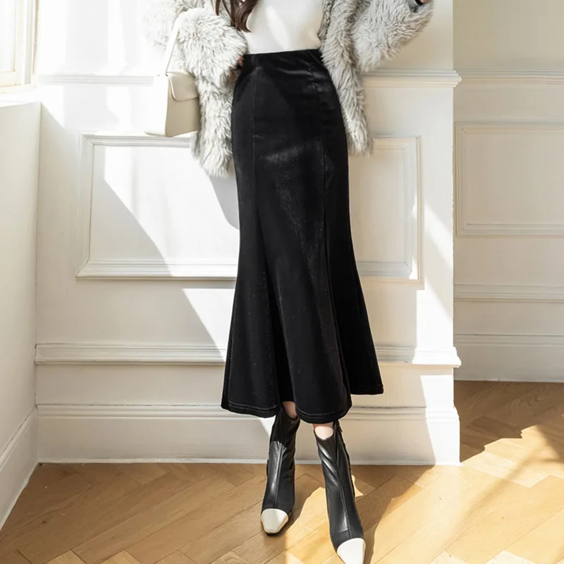 

Autumn New Golden Velvet Half-body Skirt Fashion Drape Feeling Fishtail Skirt High Waist Padded Package Hip Skirt