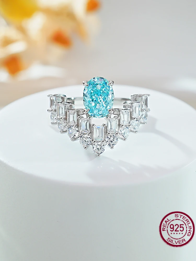 

Sea Blue Treasure Ice Cut 925 Silver Oval Ring Set with High Carbon Diamonds, Unique and Versatile Style, Wedding Jewelry
