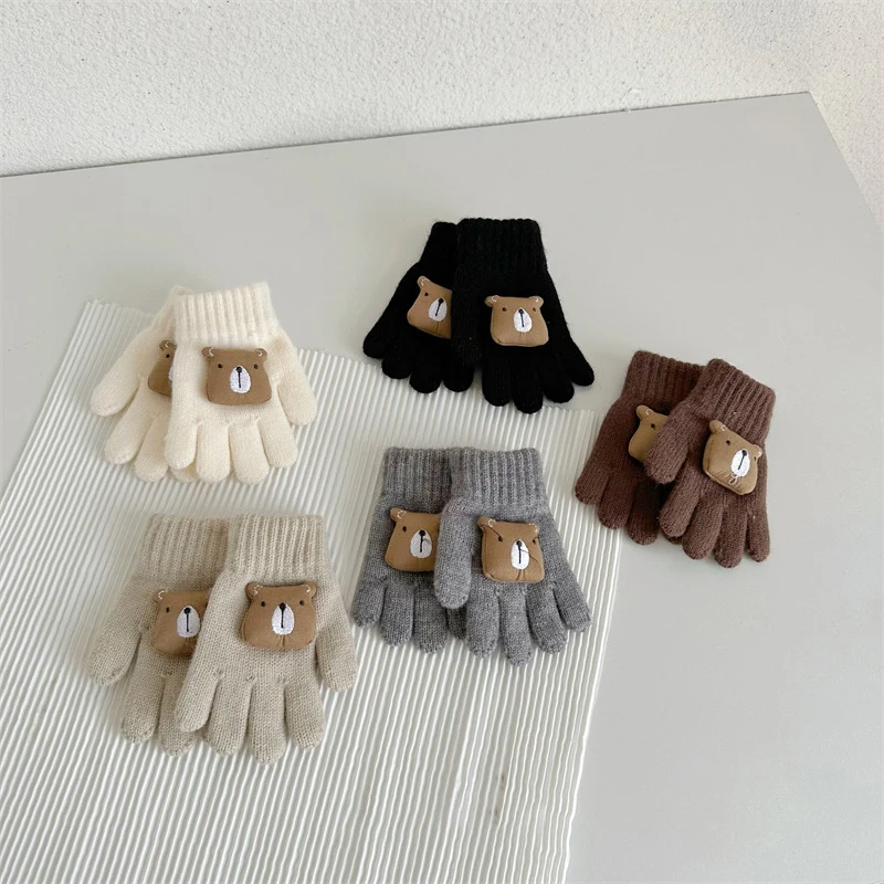 Winter Kids Knitted Gloves Cute 3D Bear Baby Mittens Thick Woolen Children Five Finger Gloves 1-4year Korean Toddler Hand Warmer 2