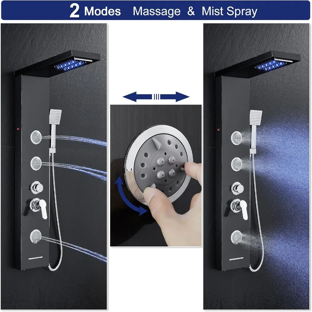 ROVATE LED Shower Panel Tower System with Rainfall Waterfall Shower, Black Shower Panels with Jets and Rainfall and Handheld
