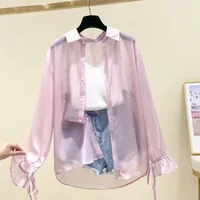 Smvp chemisiers en mousseline de soie pour femmes été mince ample boutonné crème solaire chemise femme mode coréenne nœud à lacets chemises à manches longues 5