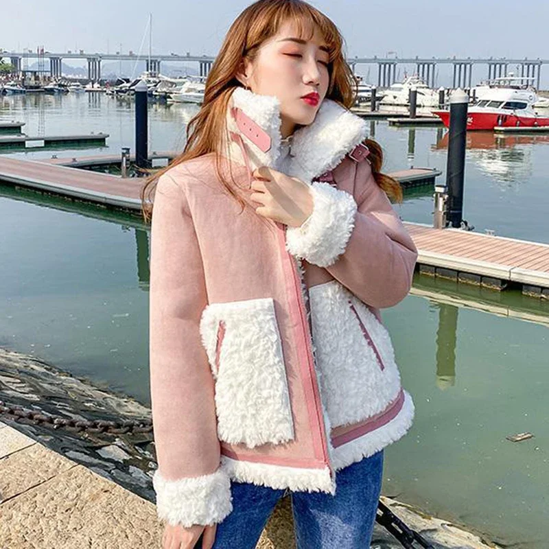  New Autumn Thick Wool Warm Coat Women Casual Fleece Jacket Loose Lady Fur Coat Student Clothes Korean Style Lambswool