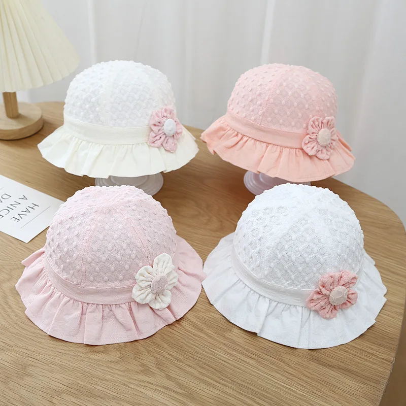 Sweet Cute Baby Bucket Hat Lace Ruffle Flower Toddler Girls Sun Hats For Kids Solid Color Cotton Fisherman Cap_voghion.com