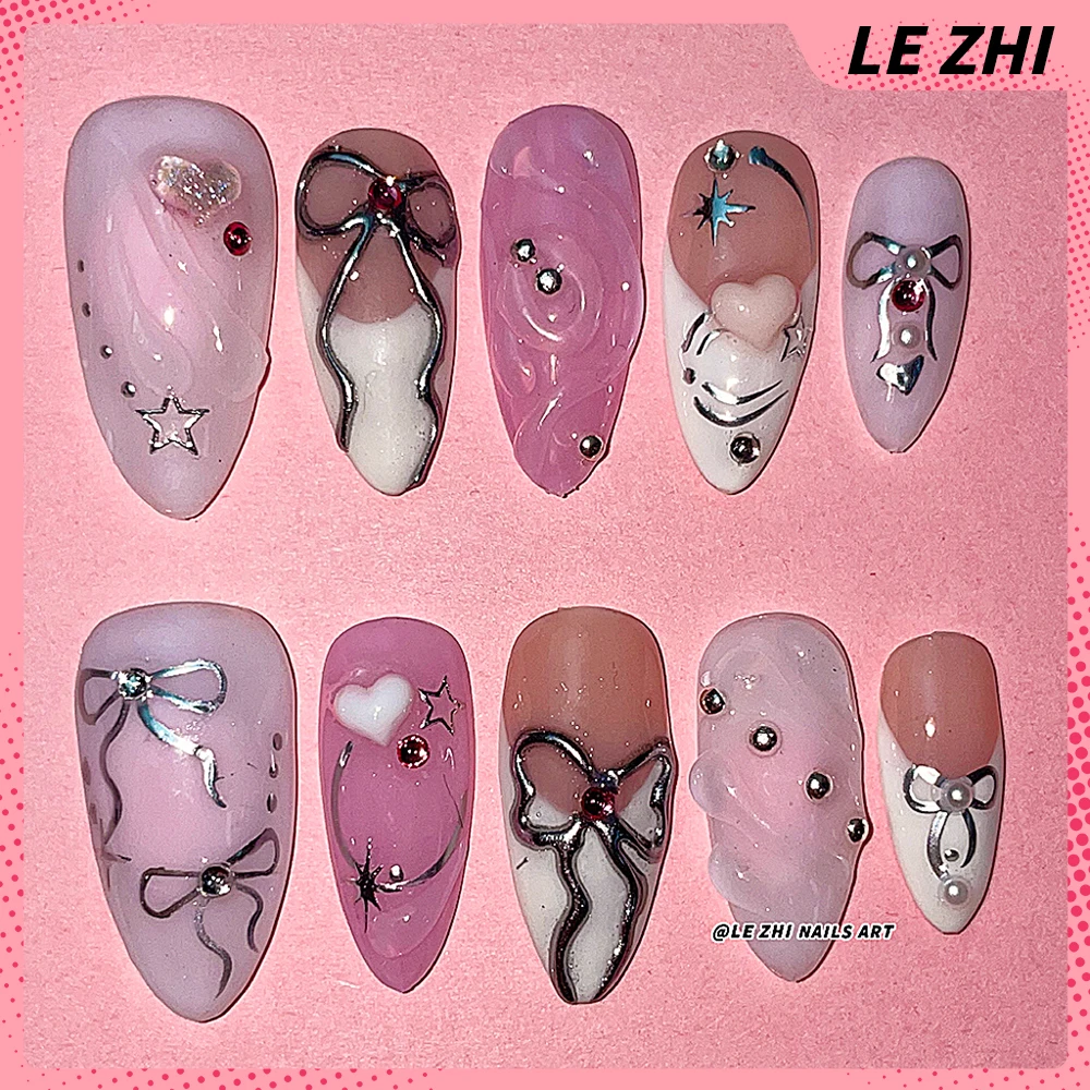 French Bowknot Classic Hand Painting Press on Nails Pink Short Almond Fashion Irregular Line Decor Wearable Fake Nail Art Gift