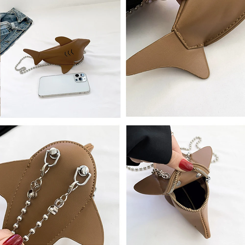 Cute Shark Shaped Crossbody Bag Harajuku Animal Designer Bag Funny Purses for Women Shoulder Bag Beaded Chains Handbag Coin Tote