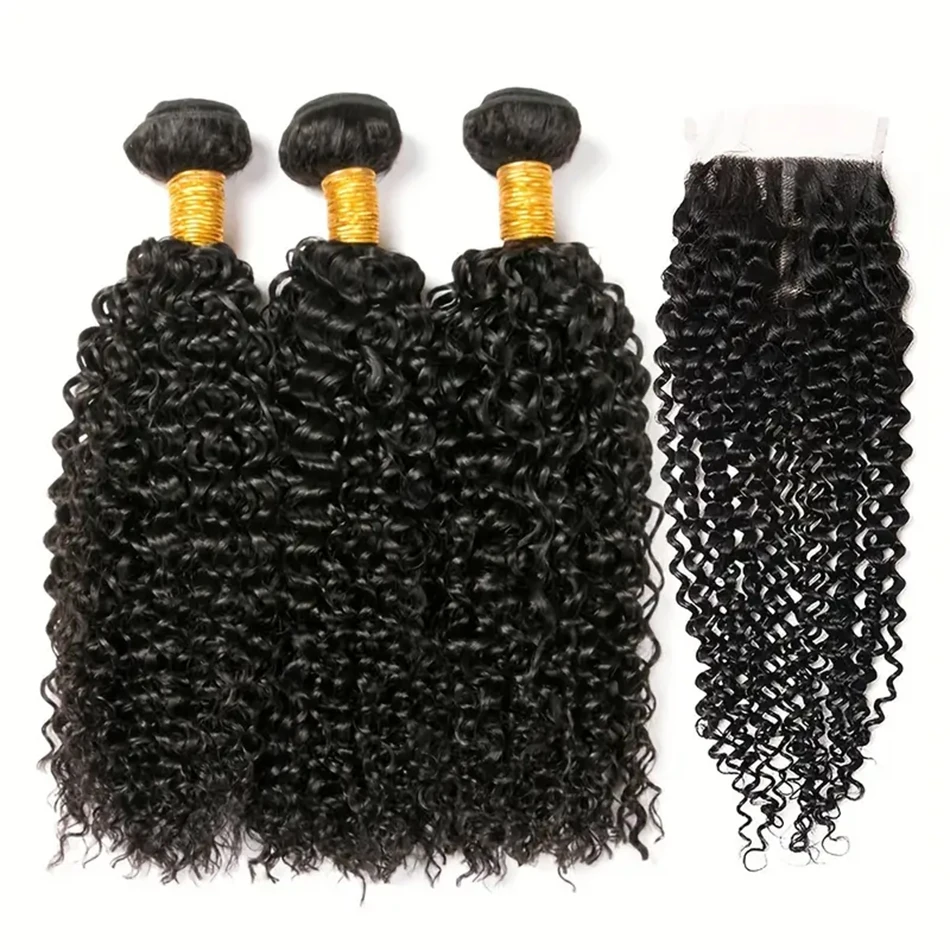 Long Kinky Curly Human Hair Bundles with Closure Frontal Peruvian Hair Bundles with Closure Remy 100% Human Hair Extensions