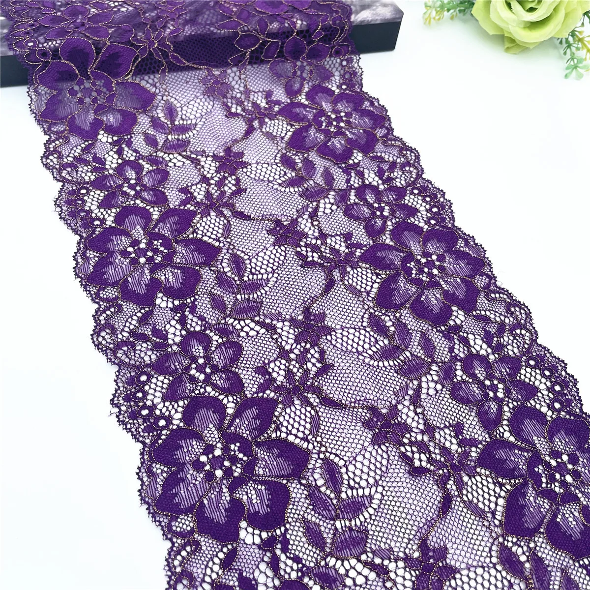 3y/lot Width 17.50cm Dark Purple Gold Elastic Stretch Lace For Skirt Hem Underwear Sewing Craft DIY Apparel Fabrics Material 5