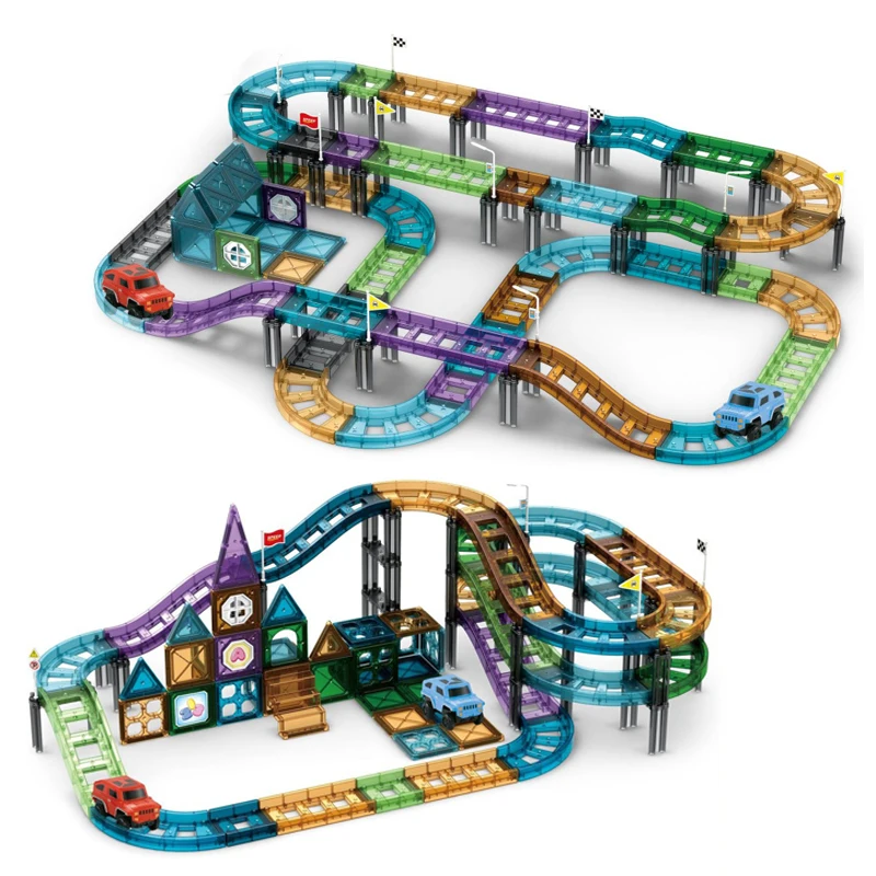 Magnetic Tile Road Rail Car Children Toys Building Blocks Magnetic Games Construction Set STEM Activitiy Racing Track Toys Boys magnetic building blocks magnetic assembly toy