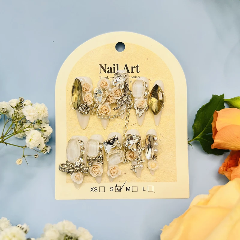 

New high-end handmade customized wearable nails rose garden nail pieces complex craft inlay full coverage DIY manicure nail art