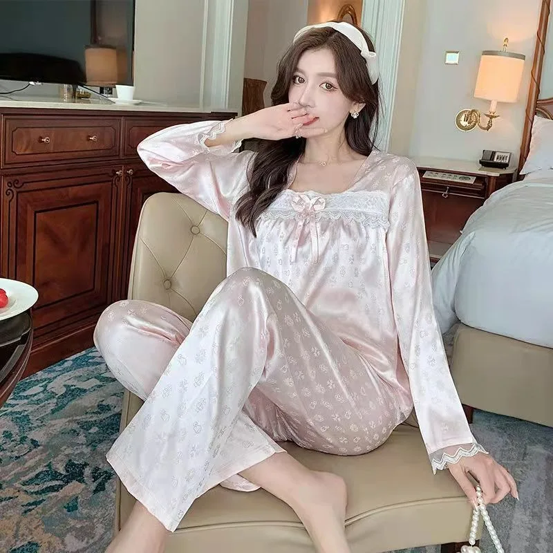 Women Silk Pajamas Spring Autumn New Female Sexy Ice Silk Long Sleeve Homewear Suit Loose Large Size Casual Nightclothes Sets