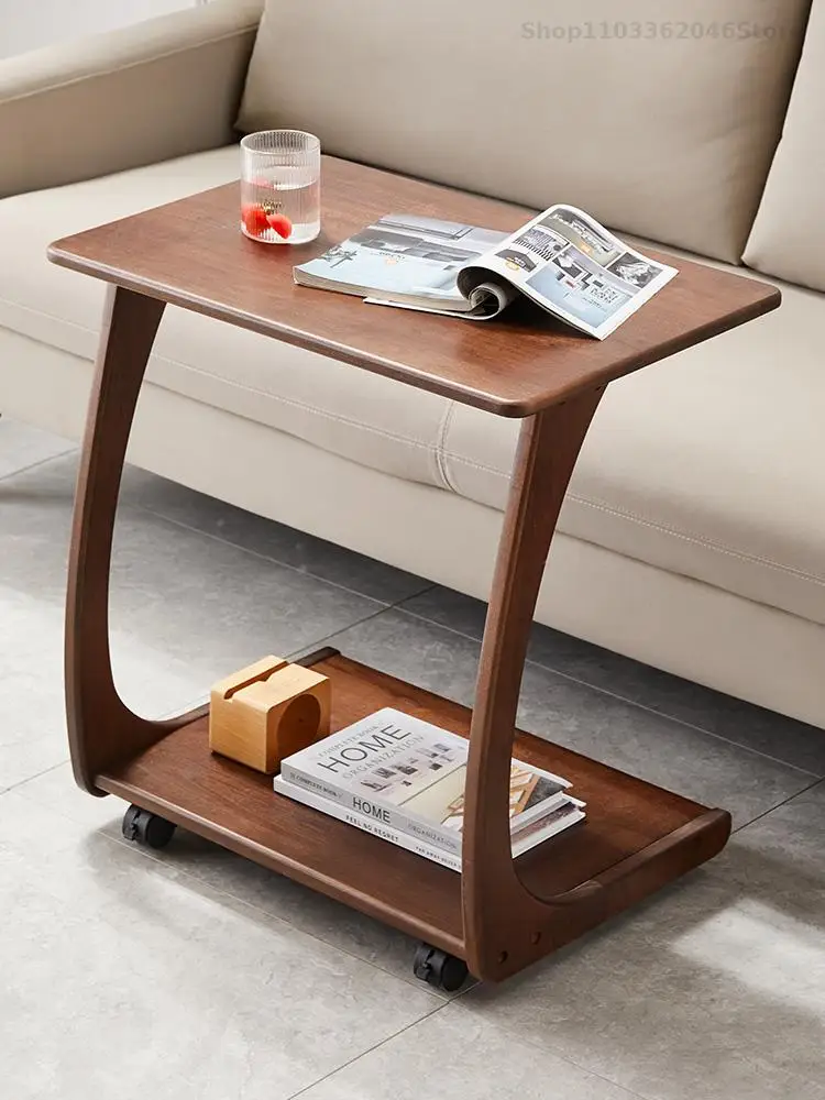 Solid Wood Sofa Side Table Cabinet Movable Table With Wheels Mini Coffee Living Room Small Apartment Household Square