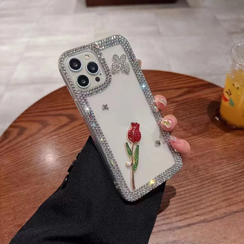 Clear Red Rose Phone Case with Love Bow and Bling Diamond Back Cover - Transparent and Fashionable Accessories