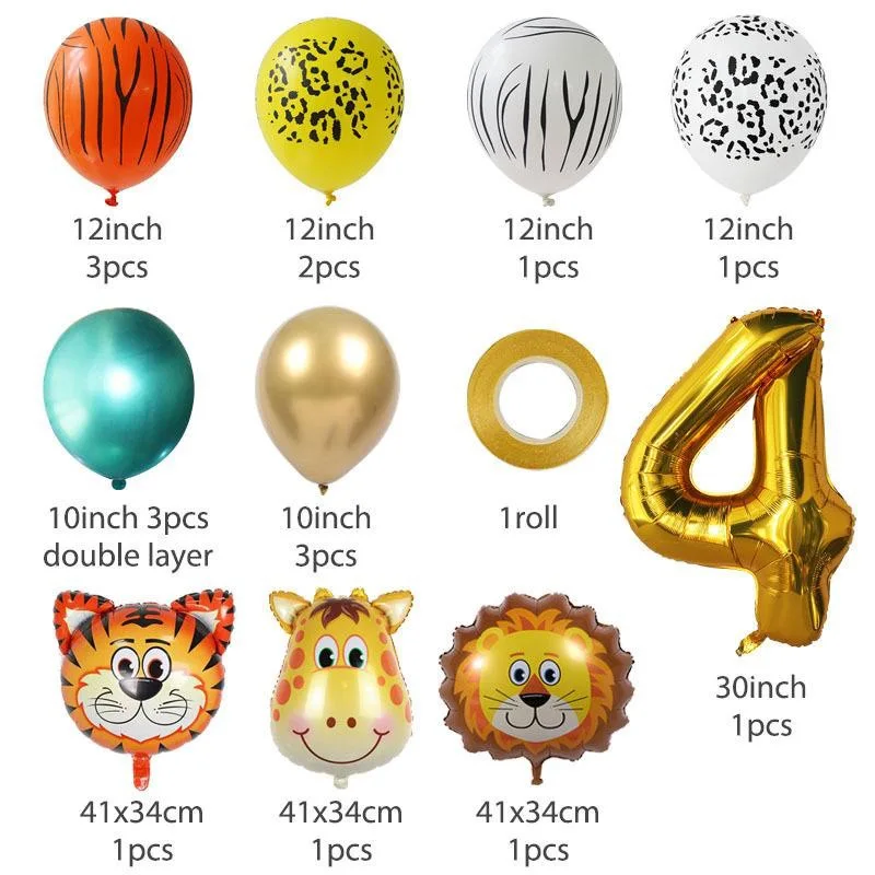 Jungle Animal Balloons Set Chrome Metallic Latex Balloon  Gold Number Kids Birthday Party Baby Shower Decor