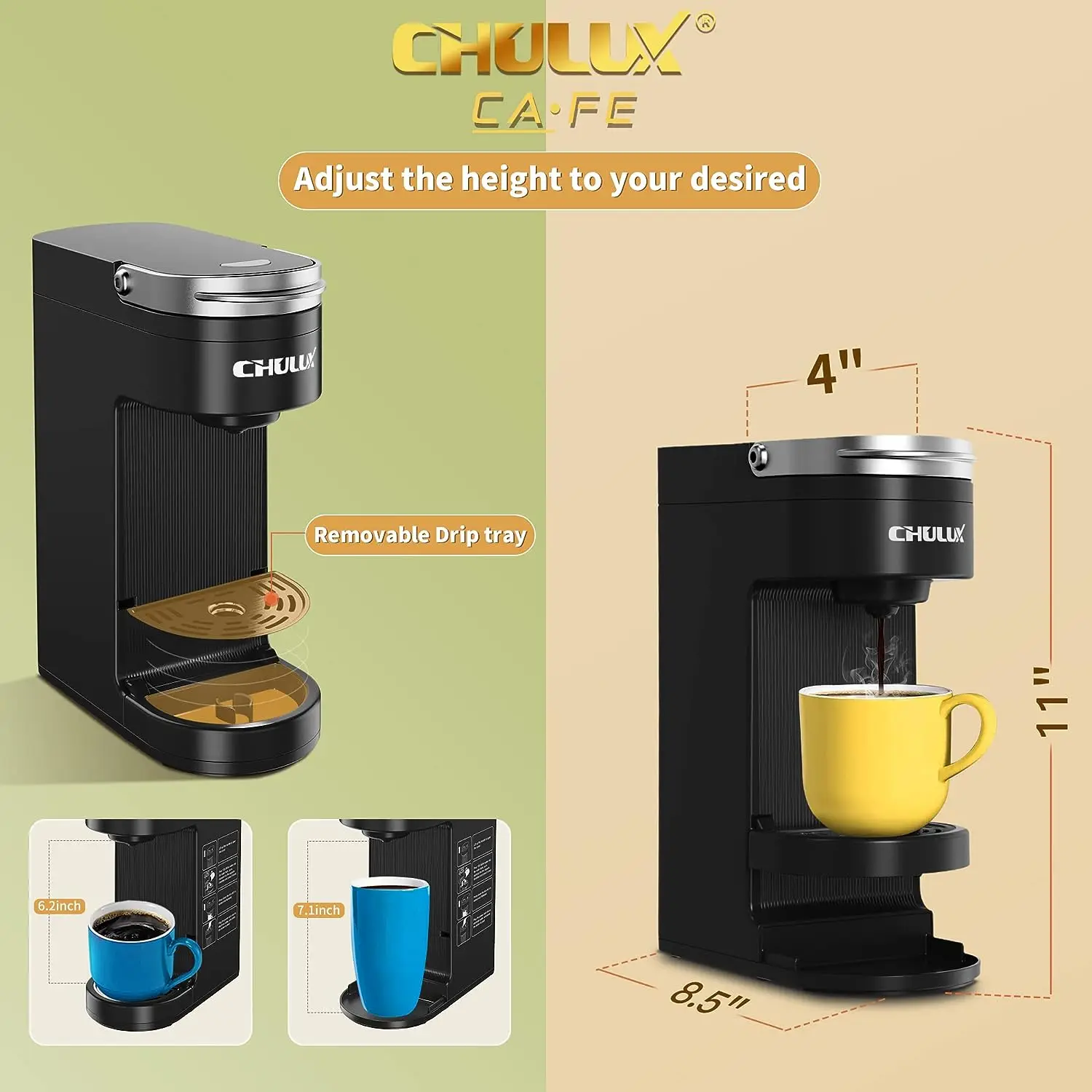 CHULUX Single Cup Coffee Maker Brewer,One Touch Function Compact Pod Mini Coffee  Machine with Reusable Coffee Filter Cup,White