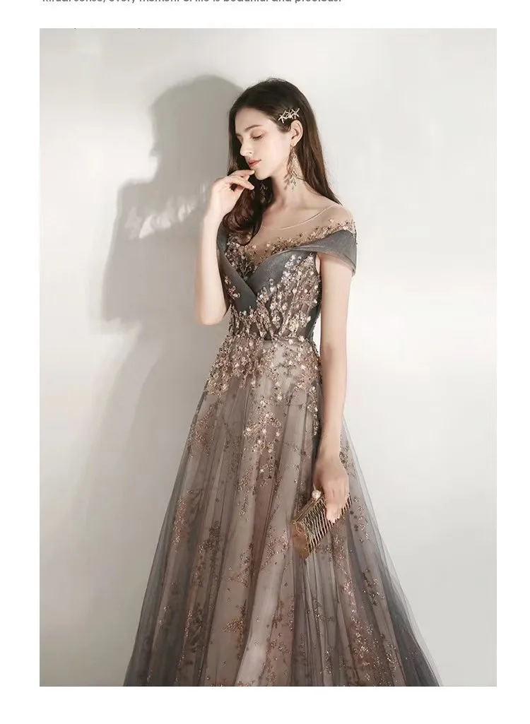 Luxury Prom Dress Off Shoulder A-Line Beading Exquisite Sequins Illusion Scoop Neck Gray Spray Gold Tulle Ceremony Evening Gowns Luxury Prom Dress Off Shoulder A-Line Beading Exquisite Sequins Illusion Scoop Neck Gray Spray Gold Tulle Ceremony Evening Gowns