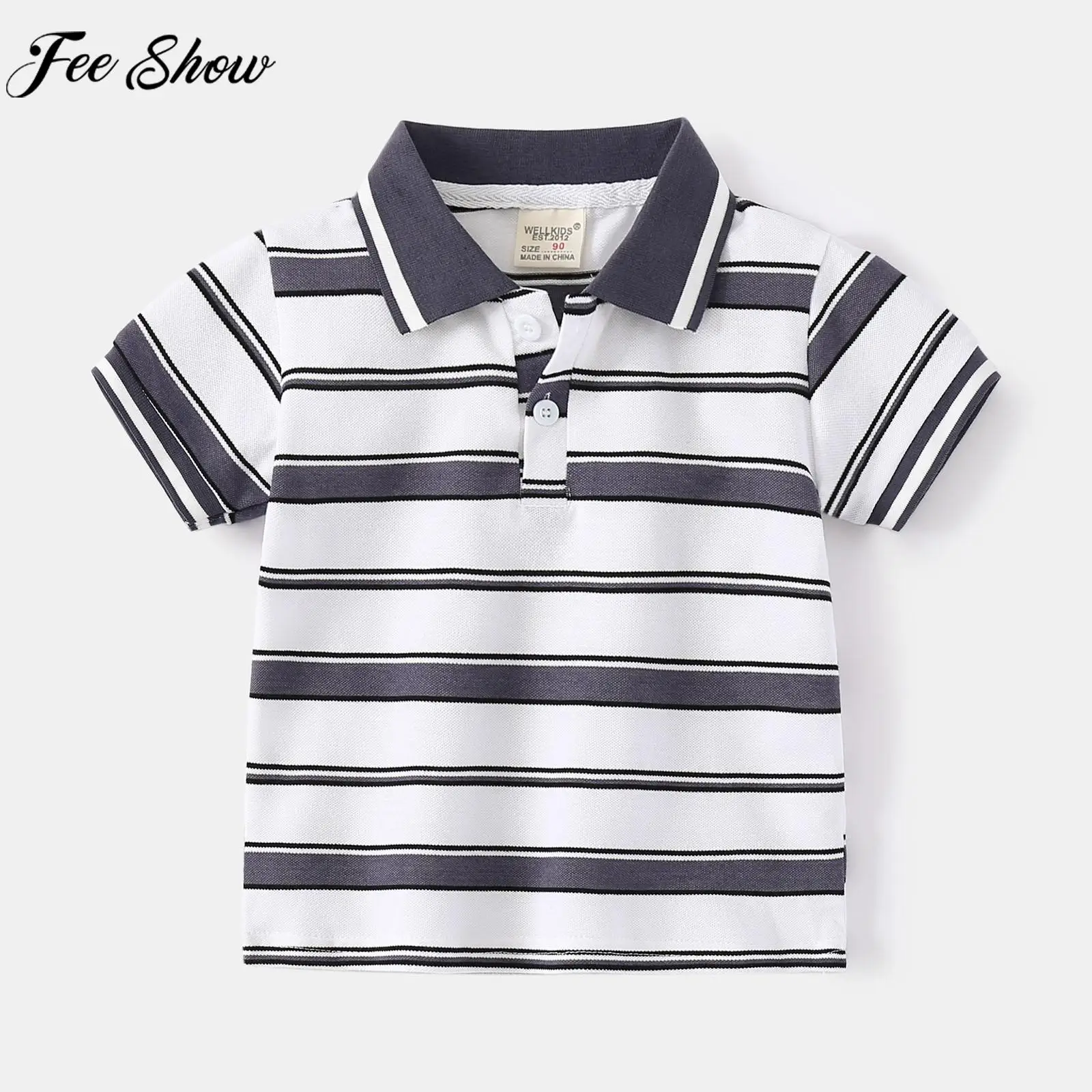 

Baby Boys Short Sleeve Turndown Collar Shirt Summer College Style Fashion Casual T-shirt Striped Button Closure Top 2022 New