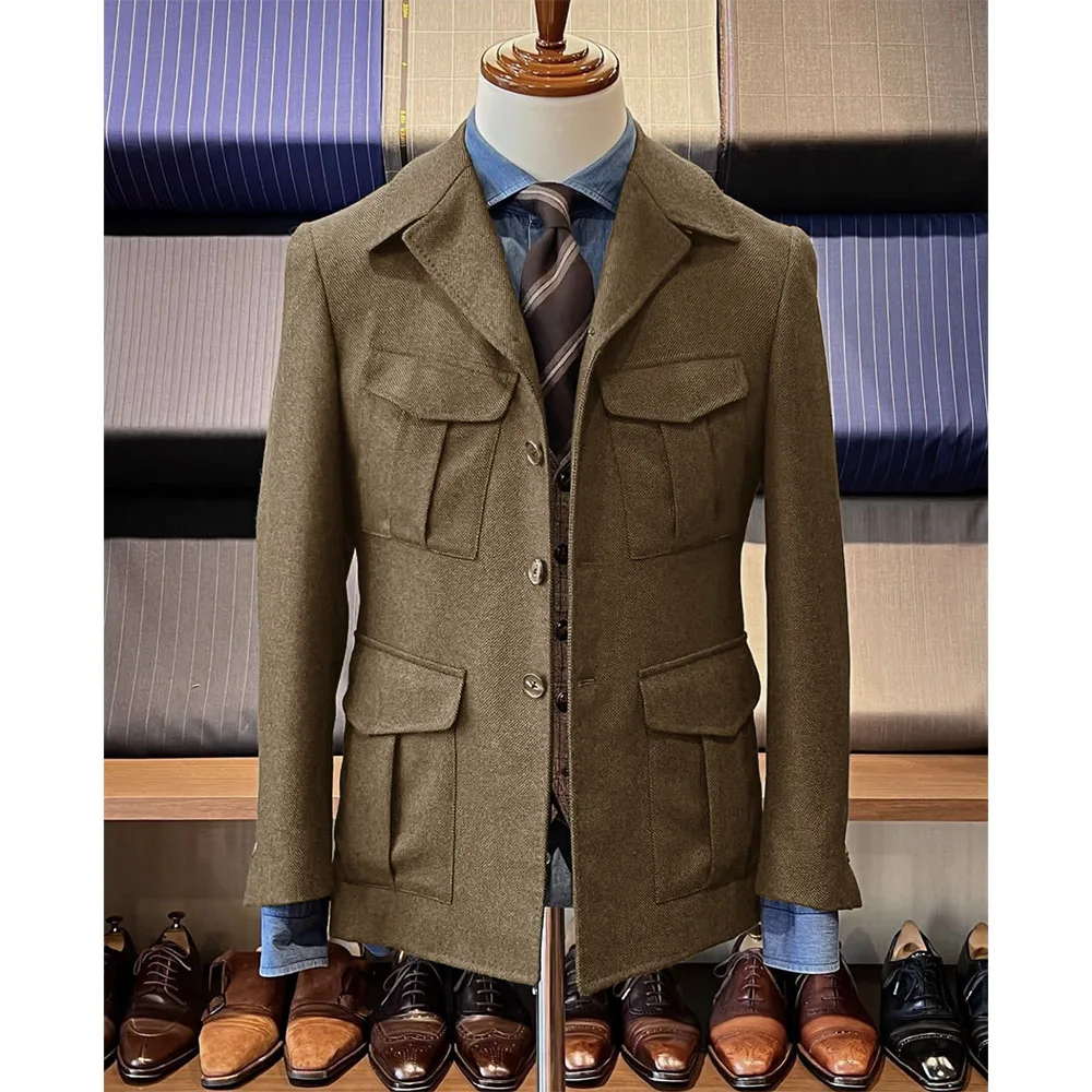 남성용 헤링본 헌팅 재킷 캐주얼 4 포켓 패션 디자인 빈티지 트위드 블레이저 블레이저 싱글 브레스트 편안한 작업