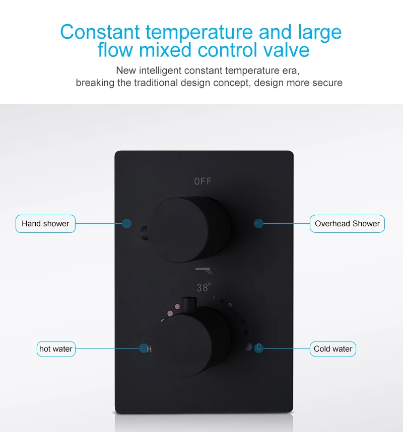Description Picture 4 of itemhm Modern Ceiling LED Shower System Bathroom Thermostatic Rain Showerhead  With Slide Bar Black Faucets Set