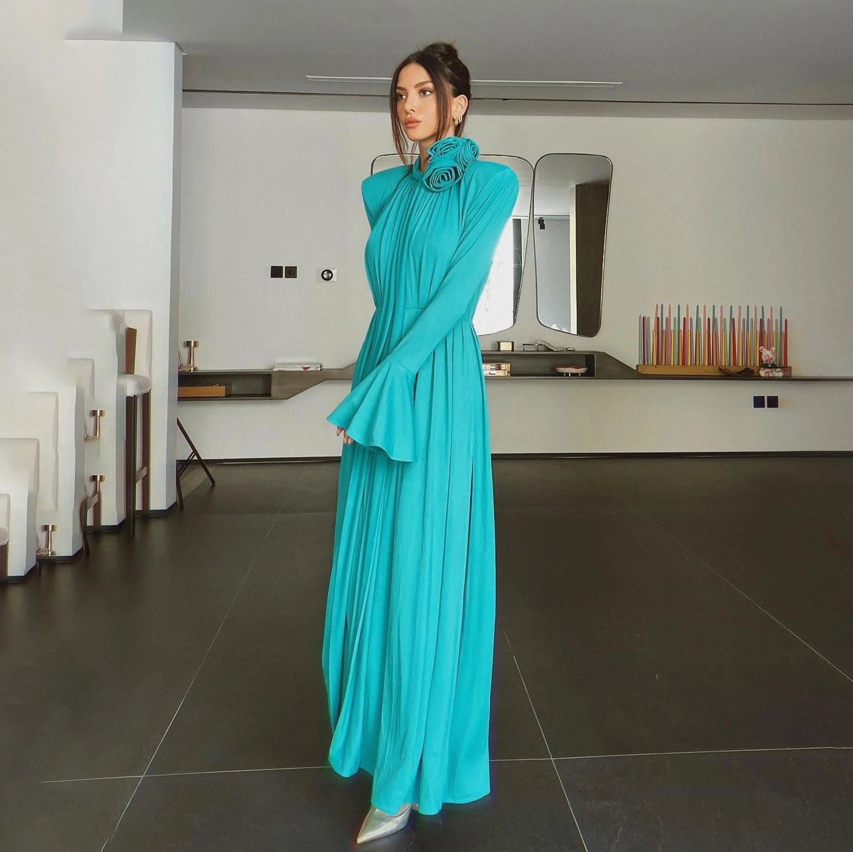

OEING O-Neck Luxury Formal Evening Dresses Pleat Flowers Long Sleeves فساتين سهرة Floor Length Elegant Prom Growns Party Women