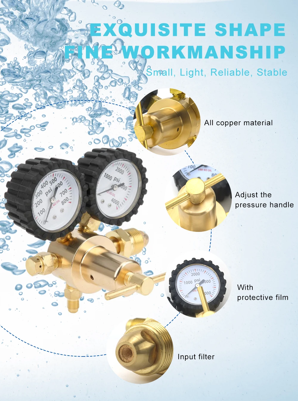 Description Picture 3 of item1/4" Brass Nitrogen Regulator 0-600PSI Gas Pressure Reducing Valve Connection Gauges CGA580