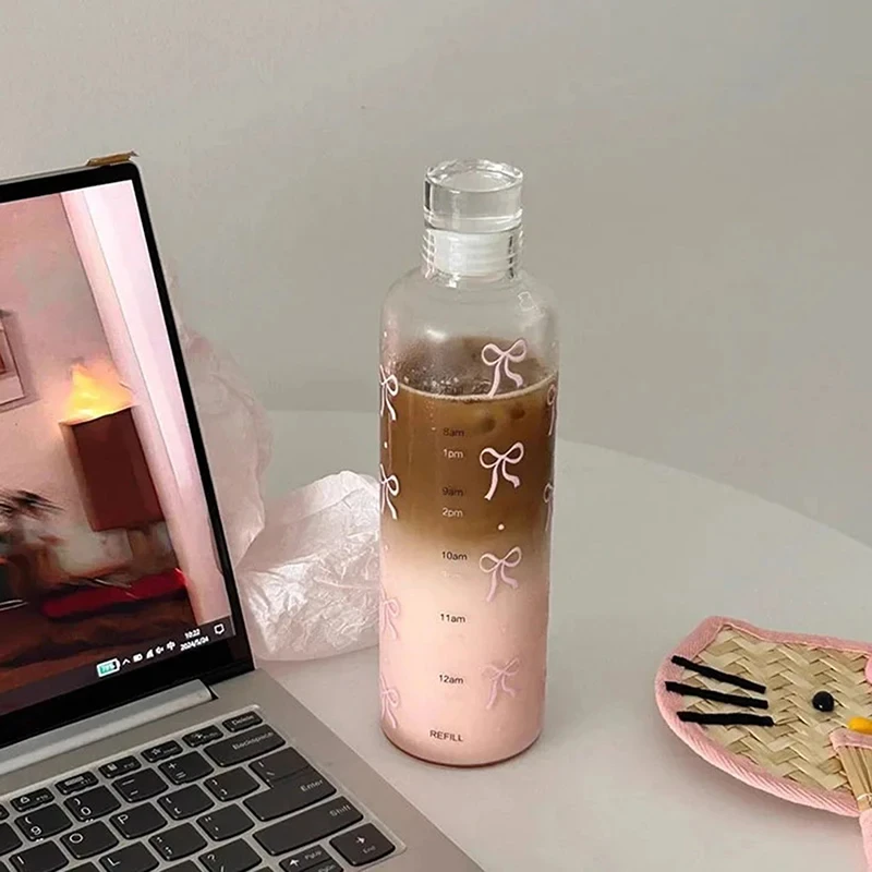 Kawaii Bow 500ML Time-Marked Transparent Water Bottle - Cute Outdoor & School Drinking Gift