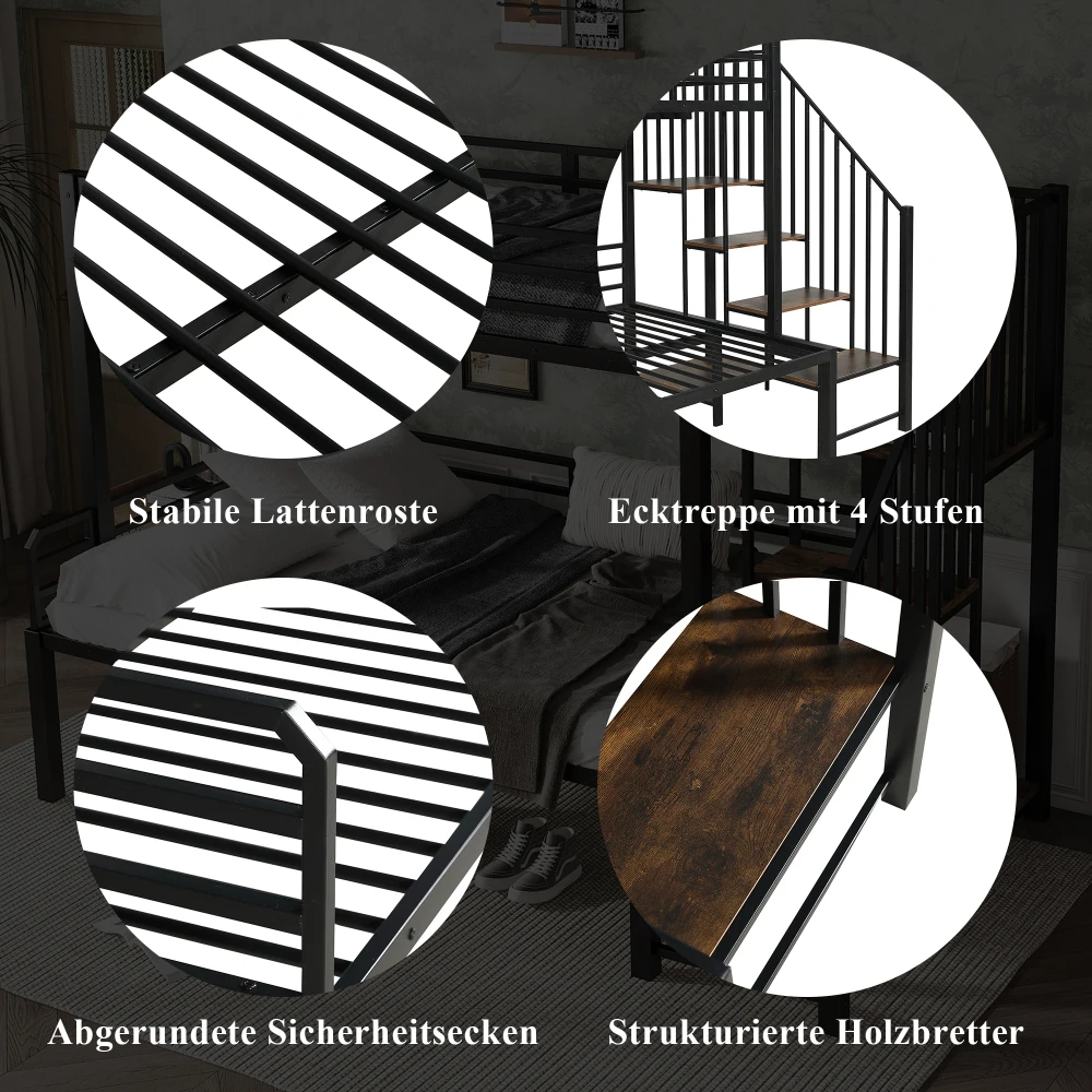 90x200cm&120x200cm Modernes Eisenbett, Etagenbett, Treppe mit Stauraum, Schlafzimmermöbel, geeignet für Kinder und Jugendliche – Detail 7