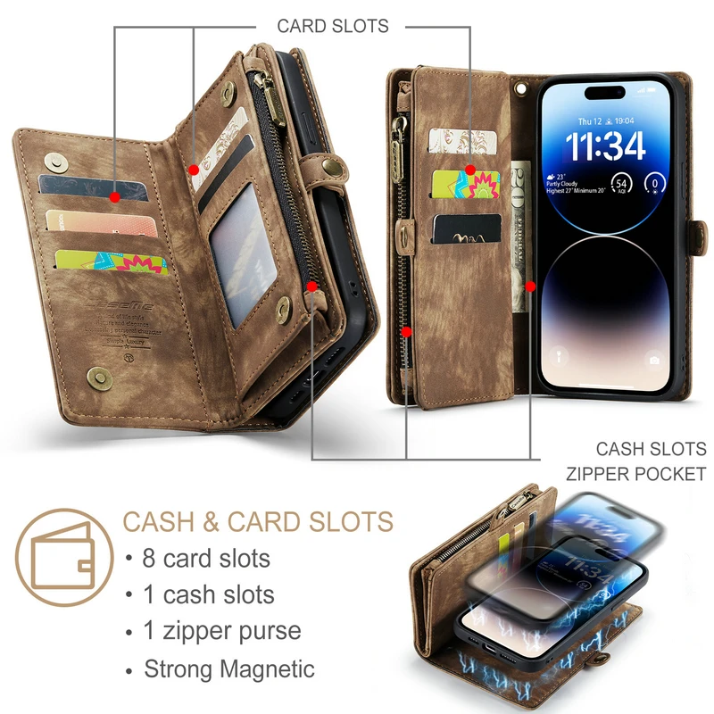 Caseme PU Leather Wallet Case for iPhone X Xr XsMax Multifunctional Detachable Magnetic Phone Case for iPhone 6 6s 7 8plus Purse