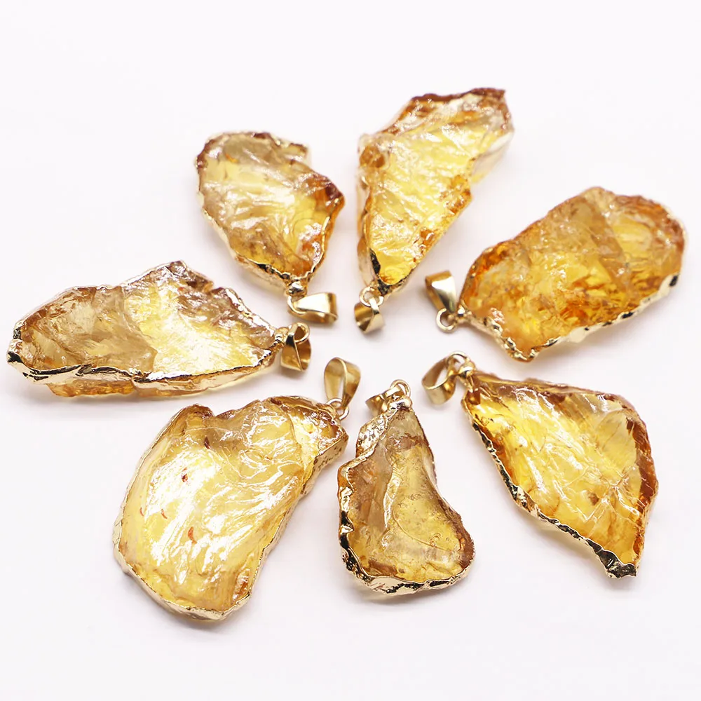 Natural Stone Gold Plated Bezel Crystal Pendants Dyed Yellow Rough Irregular Necklace Charms DIY Jewelry Making Accessories 8Pcs