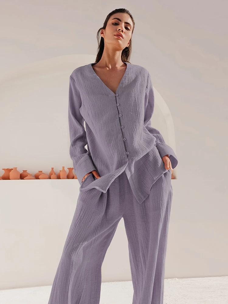 Hiloc White Cotton Nightwear Long Sleeve Women Pajama High Waist Pants Set  Single-Breasted V-Neck Home Suit Spring Women's Suit