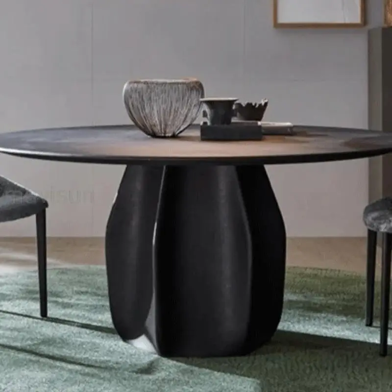 

North Smoky Wood Round Table Embedded Breakfast Overall Wooden Mobil Kitchen Modern Minimalist Dining Table 6 Chairs Furniture