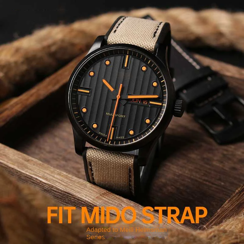 

22mm High Quality Canvas Silicone Bottom Strap for Mido Helmsman M038/M005 Series Waterproof Bracelet Watchband Black Khaki