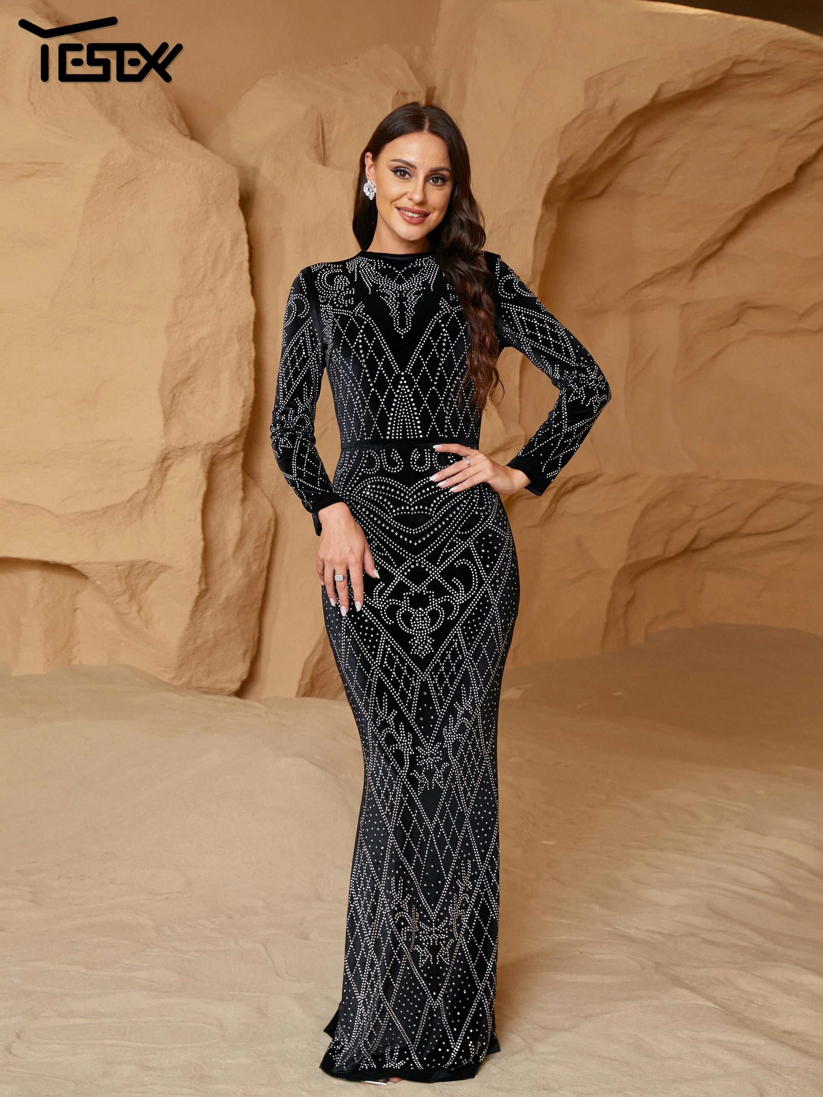 yesexy-new-2024-black-round-neck-long-sleeved-sequin-mermaid-evening-velvet-prom-formal-occasion-church-dresses