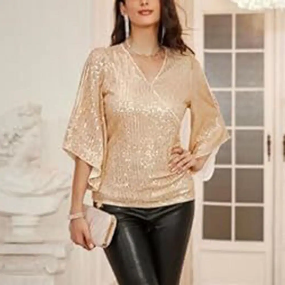 Sequin Shirt Sequin Hollow Out V Neck Blouse Soft Breathable Lady Commute Prom Top Three Quarter Sleeve Solid Color Pullover