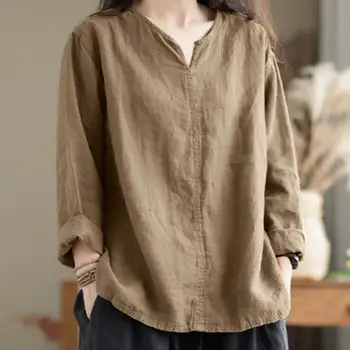 빈티지 여성 코튼 블라우스, 봄 v넥 긴 소매 상의 2023 ZANZEA 레트로 솔리드 루즈 셔츠 여성 작업 튜닉 블라우스 Mujer