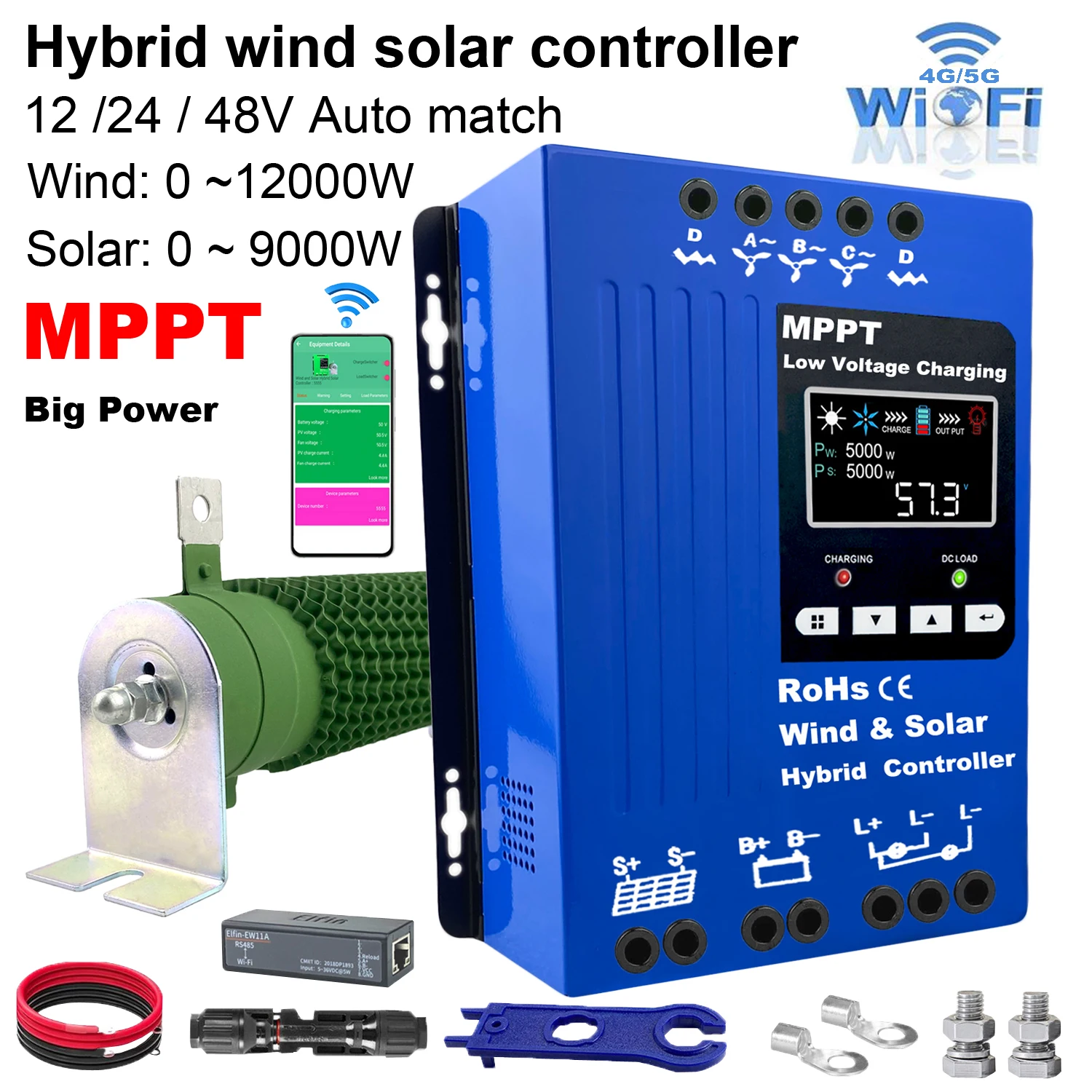 ตัวควบคุมการชาร์จพลังงานแสงอาทิตย์ MPPT 5000W 12V 24V 48V สำหรับระบบไฮบริดพลังงานลมและแสงอาทิตย์ ควบคุมการชาร์จสำหรับแบตเตอรี่ลิเธียม Lifepo4 และกังหันลม PV 1