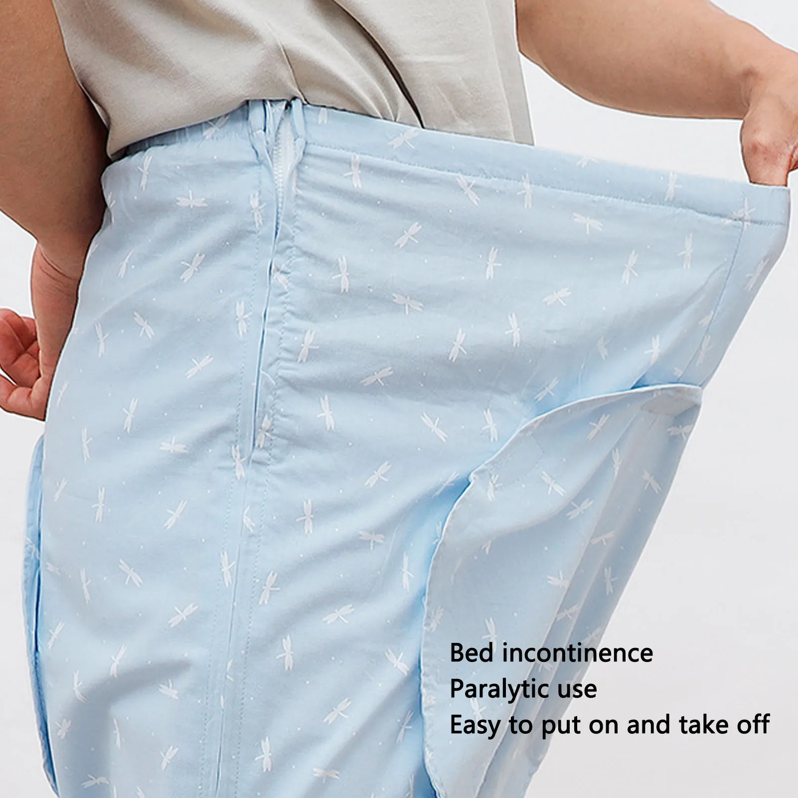 Open Crotch Bedridden Trousers Cotton Full Open Down Elastic Waist Soft Dragonfly Print Patient Bedridden Pants for Disability 3