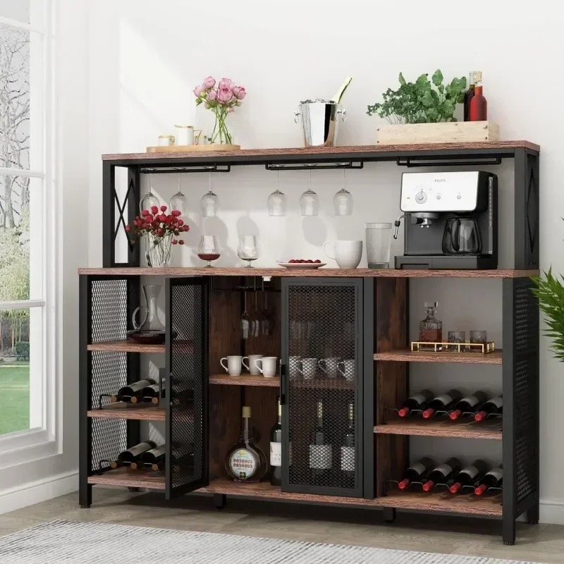 Wine Bar Cabinet, 55 Inches Industry Coffee Bar Cabinet with Wine Rack and Glass Holder, Kitchen Sideboard Buffet Cabinet