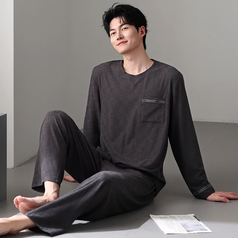 고품질 가을 남성 파자마 세트 니트 면 캐주얼 잠옷 남성용 긴팔 파자마