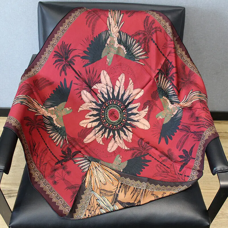 100% Twill Silk Scarf Unisex Man Women Vintage Ethnic Tribal Style Double-sided Forest Bird Shawl Hijab Neckerchief 90*90cm